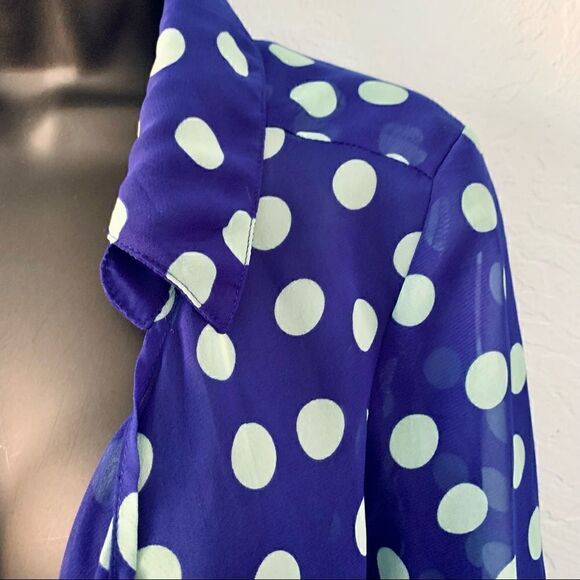 Express Semi Sheer Blue & Mint Green Polka Dot Tie Blouse Size Small/Medium - Picture 2 of 13